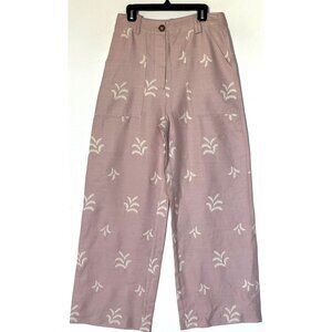 New Zara Pink Linen Blend Floral Embroidered High Rise Wide Leg Boho Pants
